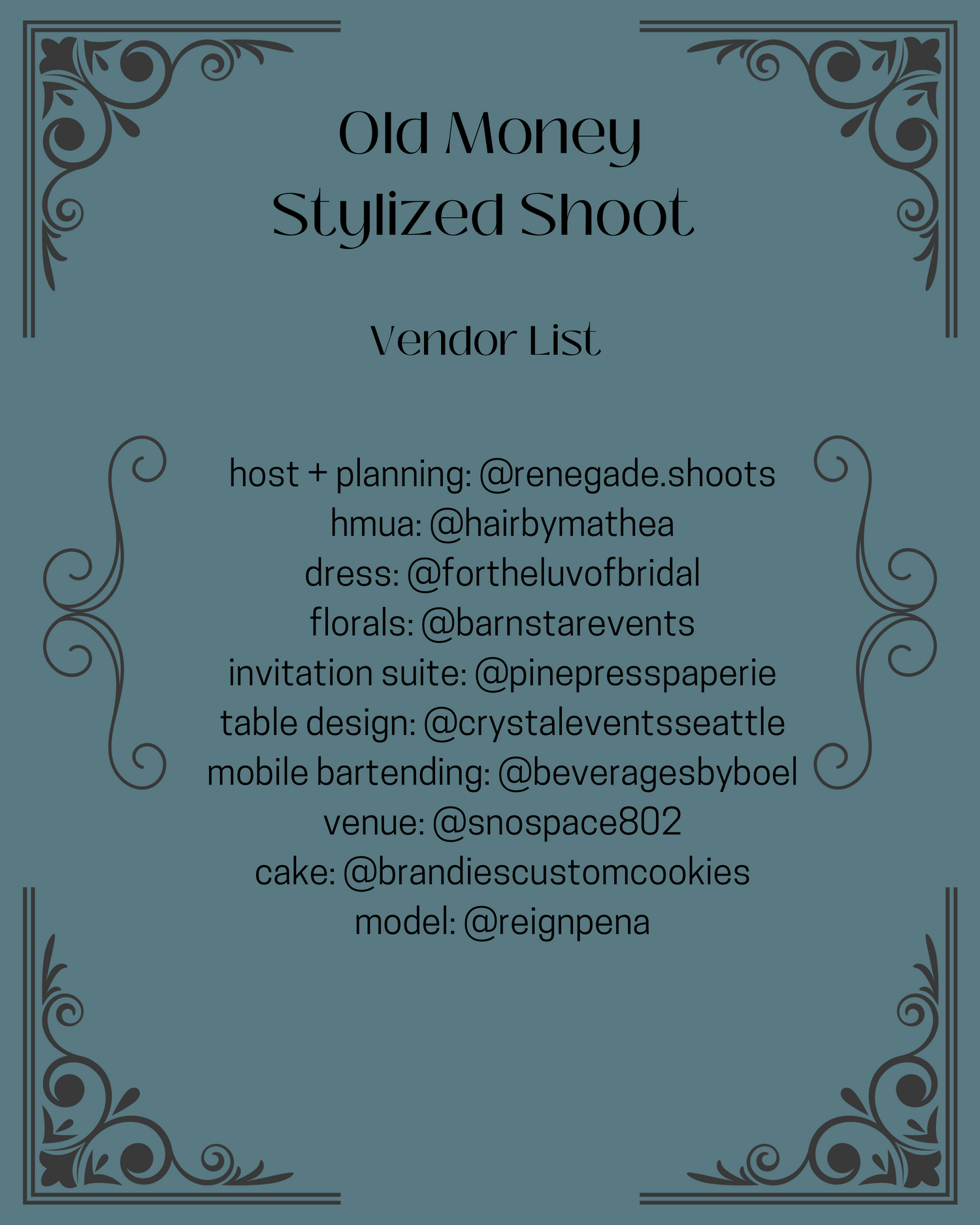A vintage-style event vendor list with ornate decorative borders and 'Old Money Stylized Shoot' as the header text.