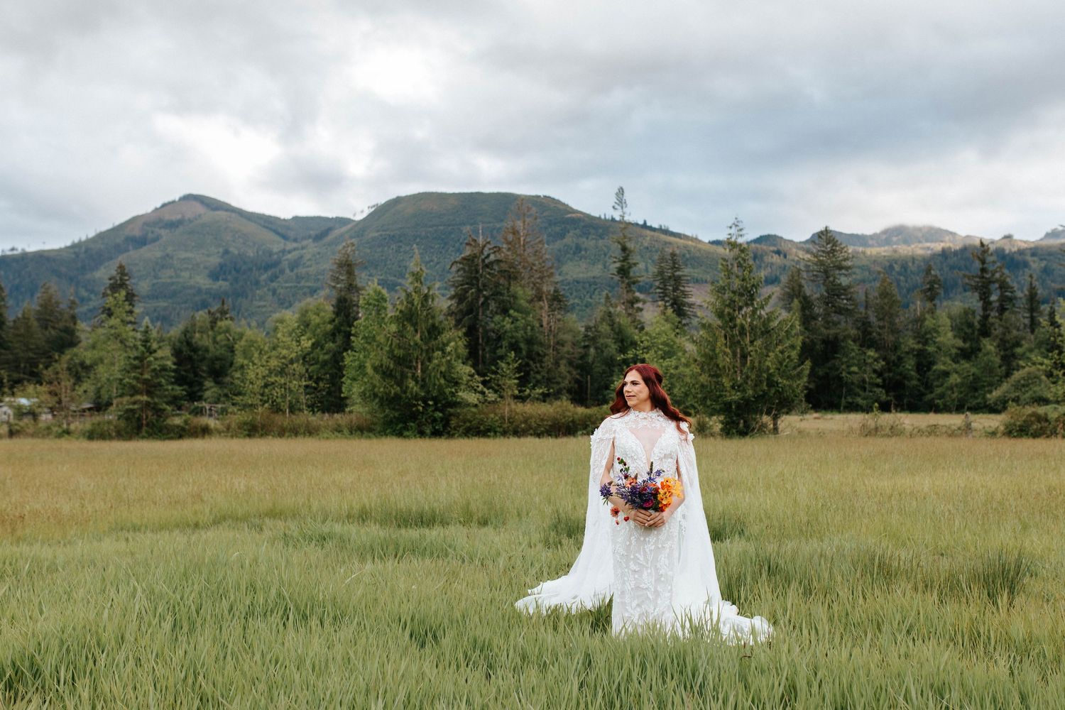 A scenic outdoor mountain meadow with rolling hills and green grass under a cloudy sky creates a peaceful backdrop.