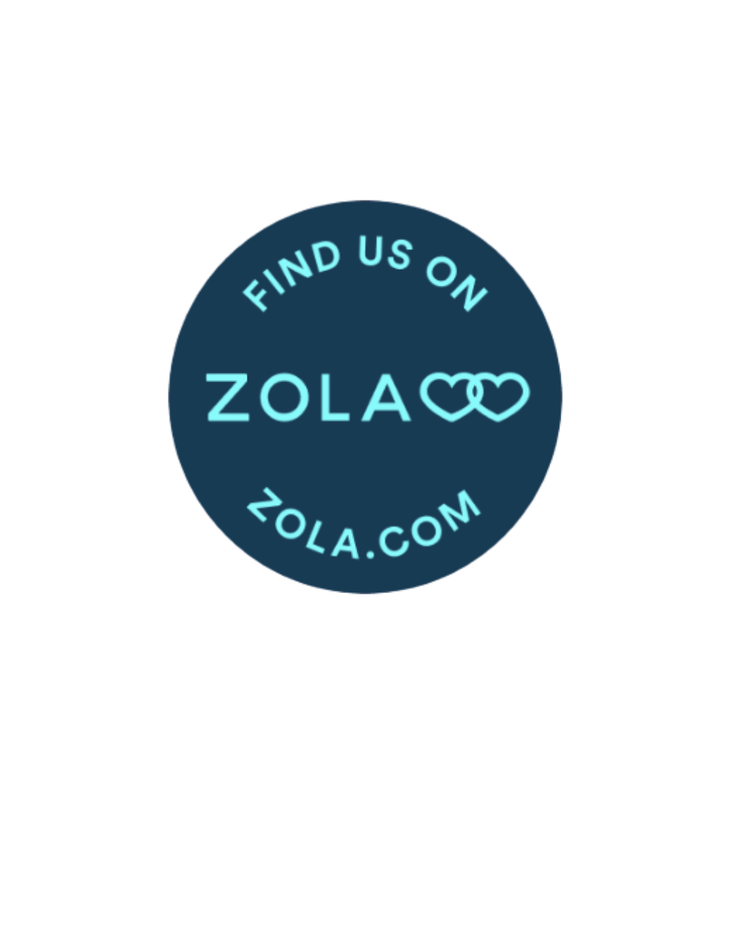 Find Us On Zola circular badge in navy blue with bright turquoise typography and heart icons.