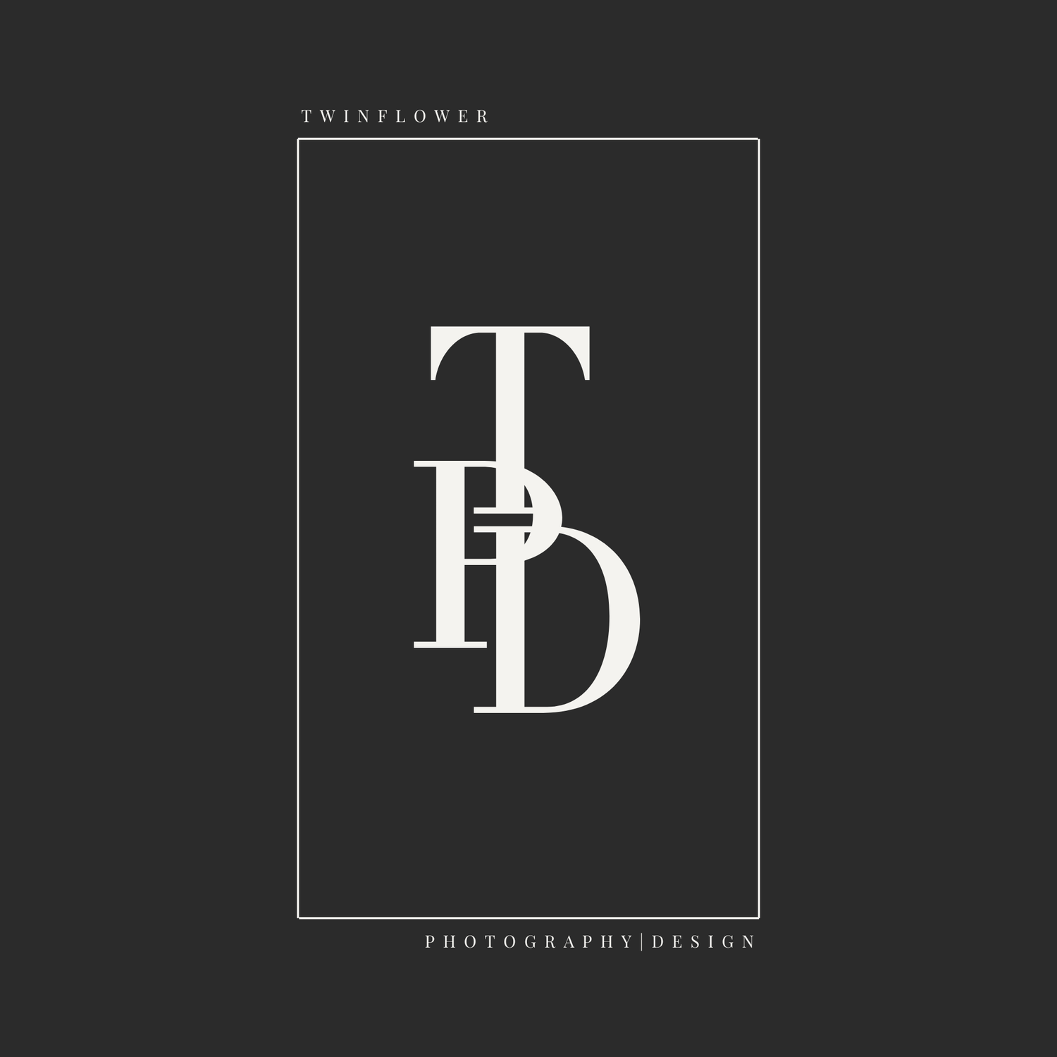 Twinflower Photography and Design minimalist logo with interlocked T, P, D letters on dark background.