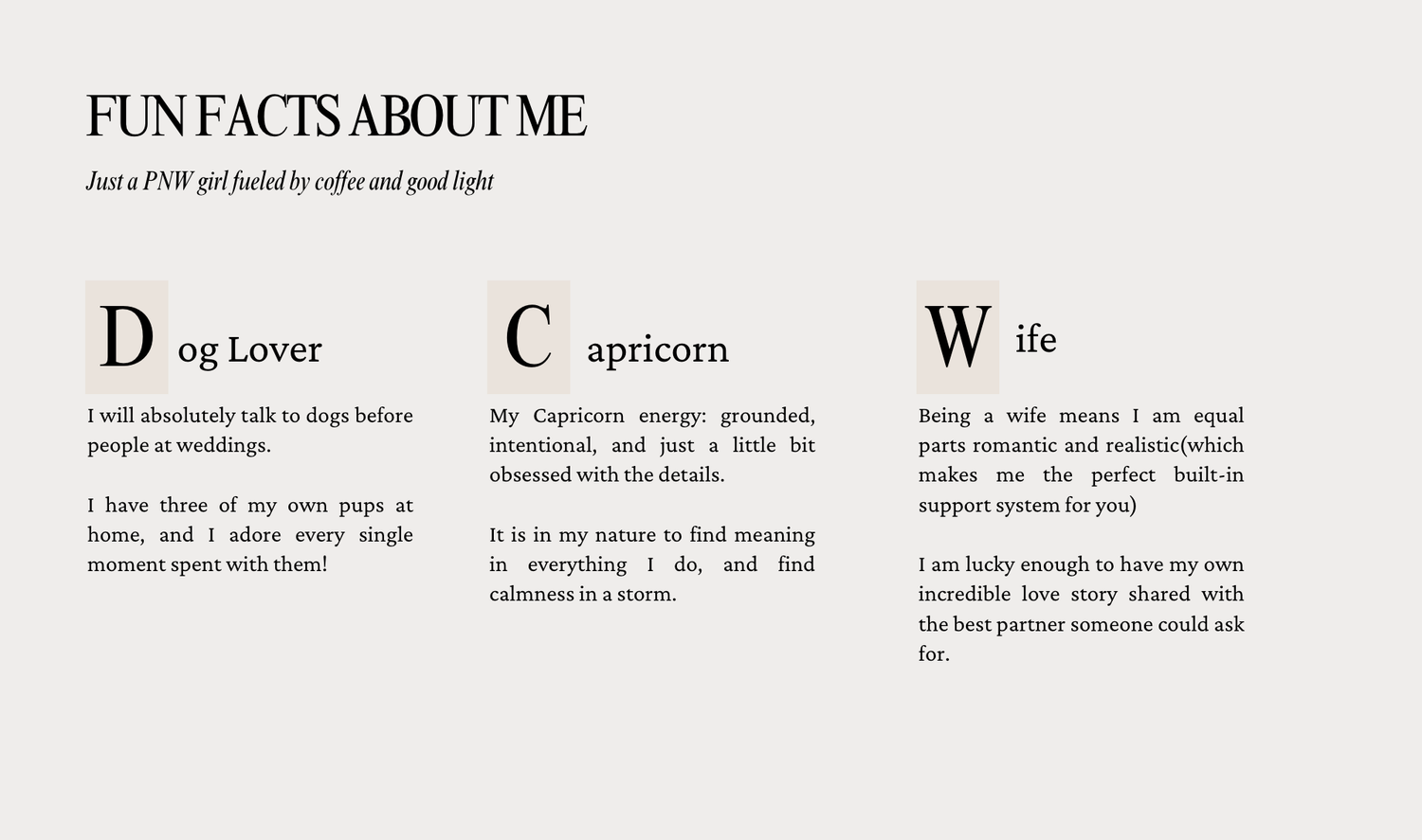 Fun facts about me graphic for a PNW wedding photographer fueled by coffee, featuring dog lover, Capricorn, and wife.