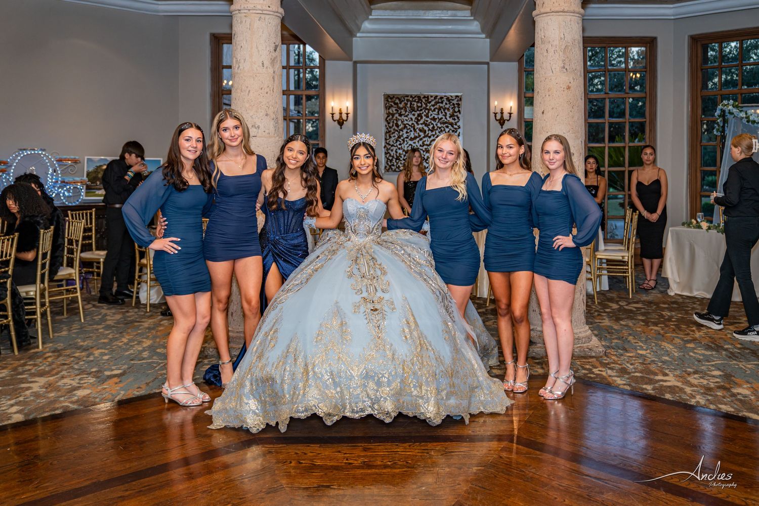 Quinceañera portrait with court at the Dominion Country Club in San Antonio Texas