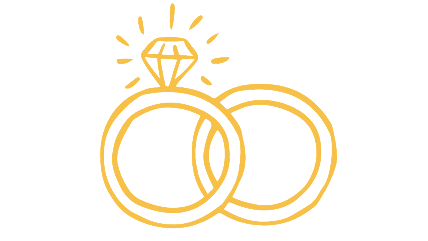Simple line drawing of golden wedding rings and diamond ring icons.