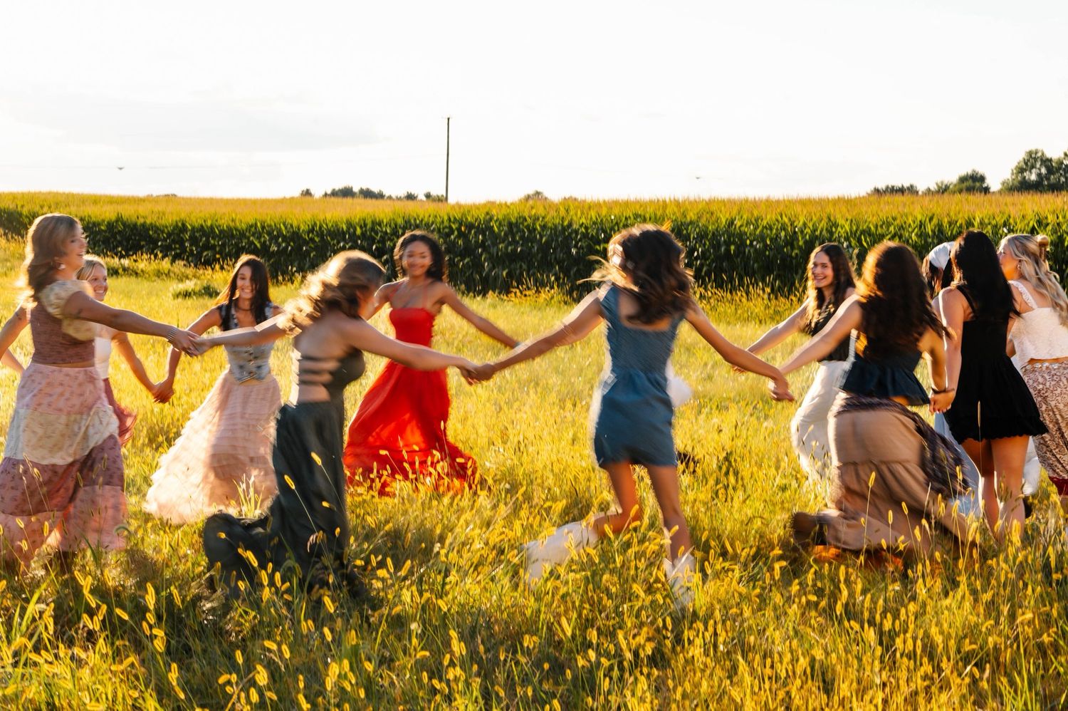 People dancing in a circle through a golden field during sunset.
