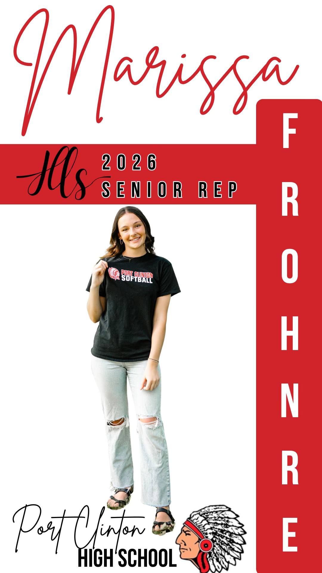 Senior representative promotional banner in red featuring casual style photos and school branding.