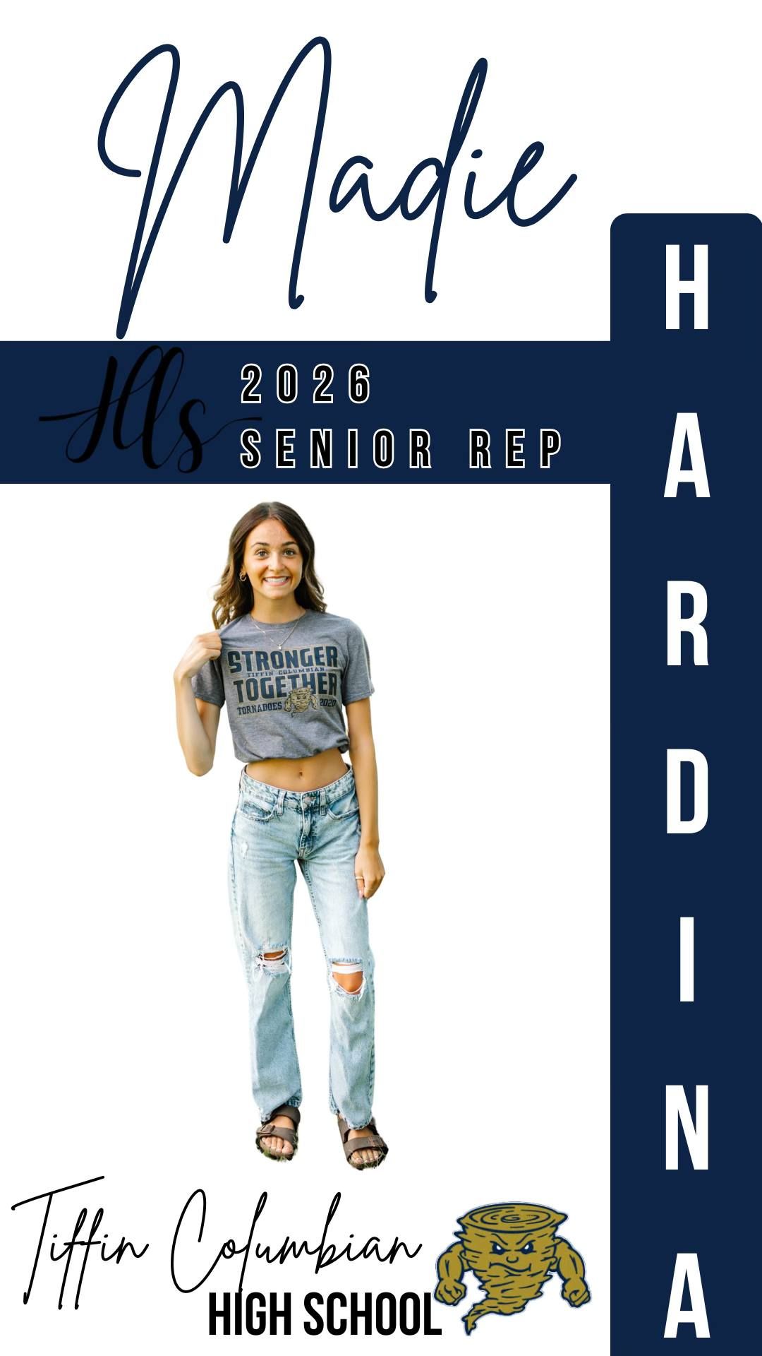 High school senior representative wearing ripped jeans and casual attire against navy backdrop.