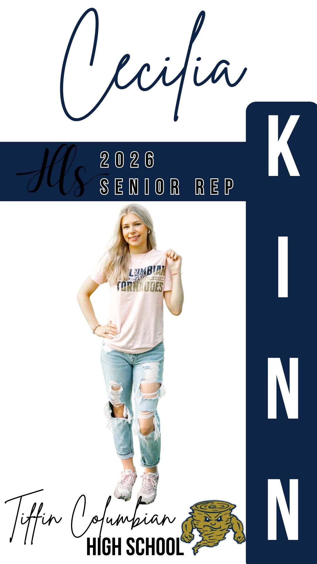 Navy themed senior class representative banner with casual fashion photos and school mascot.