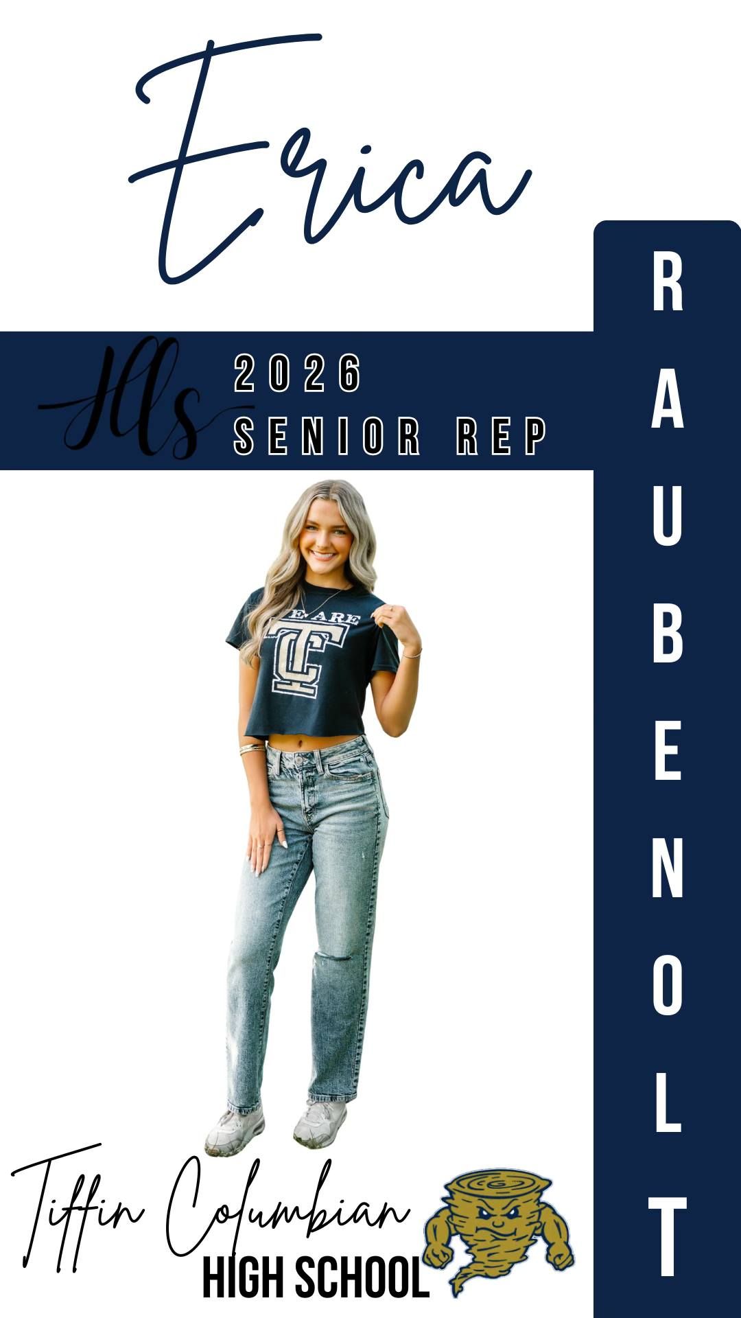 High school representative in vintage-style denim and dark top against professional backdrop.
