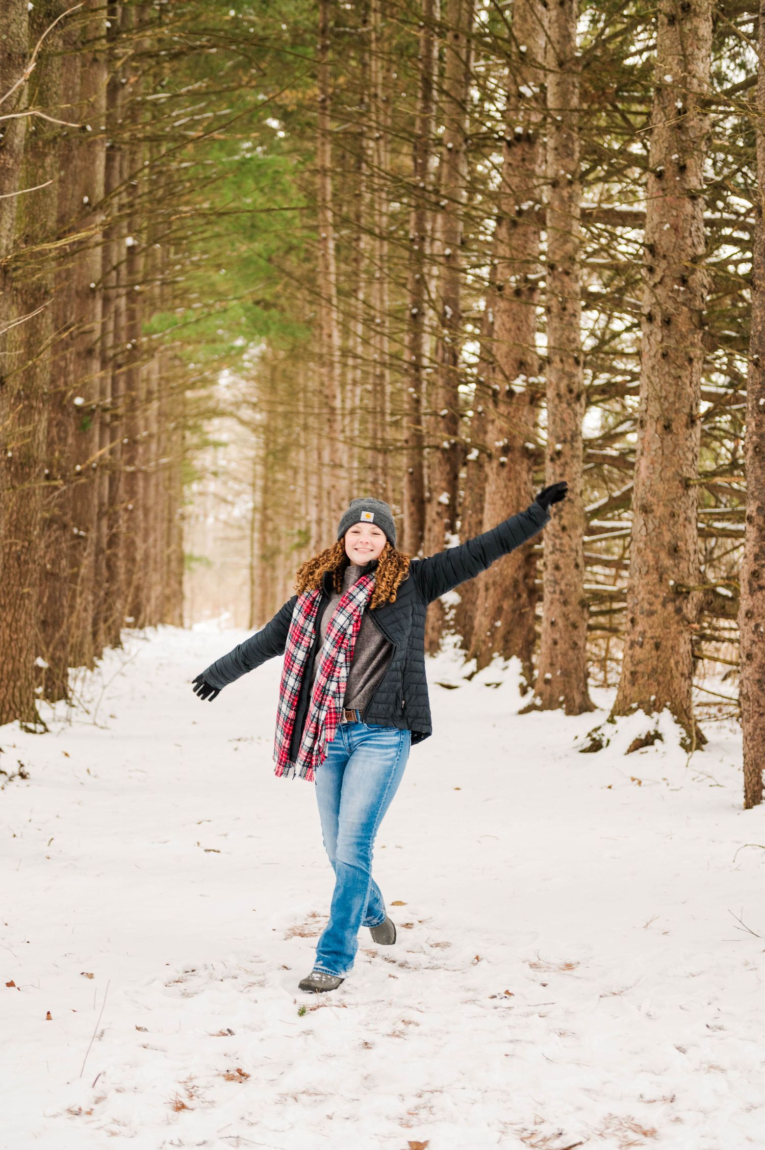 Playful winter scene of someone dancing in the snow among tall pine trees.