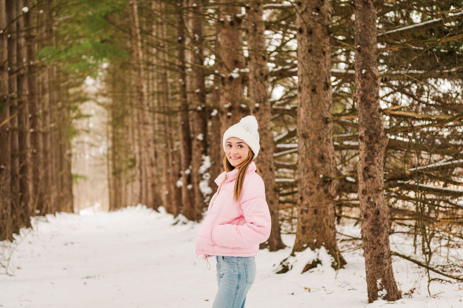 Snowy pine forest path during winter photoshoot session.