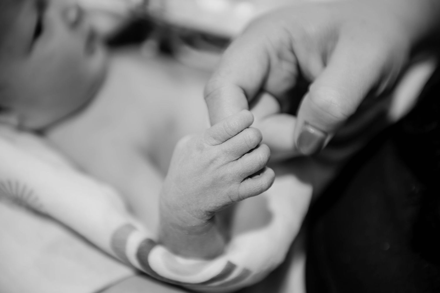 Close-up black and white photo of hands gently holding a newborn baby.