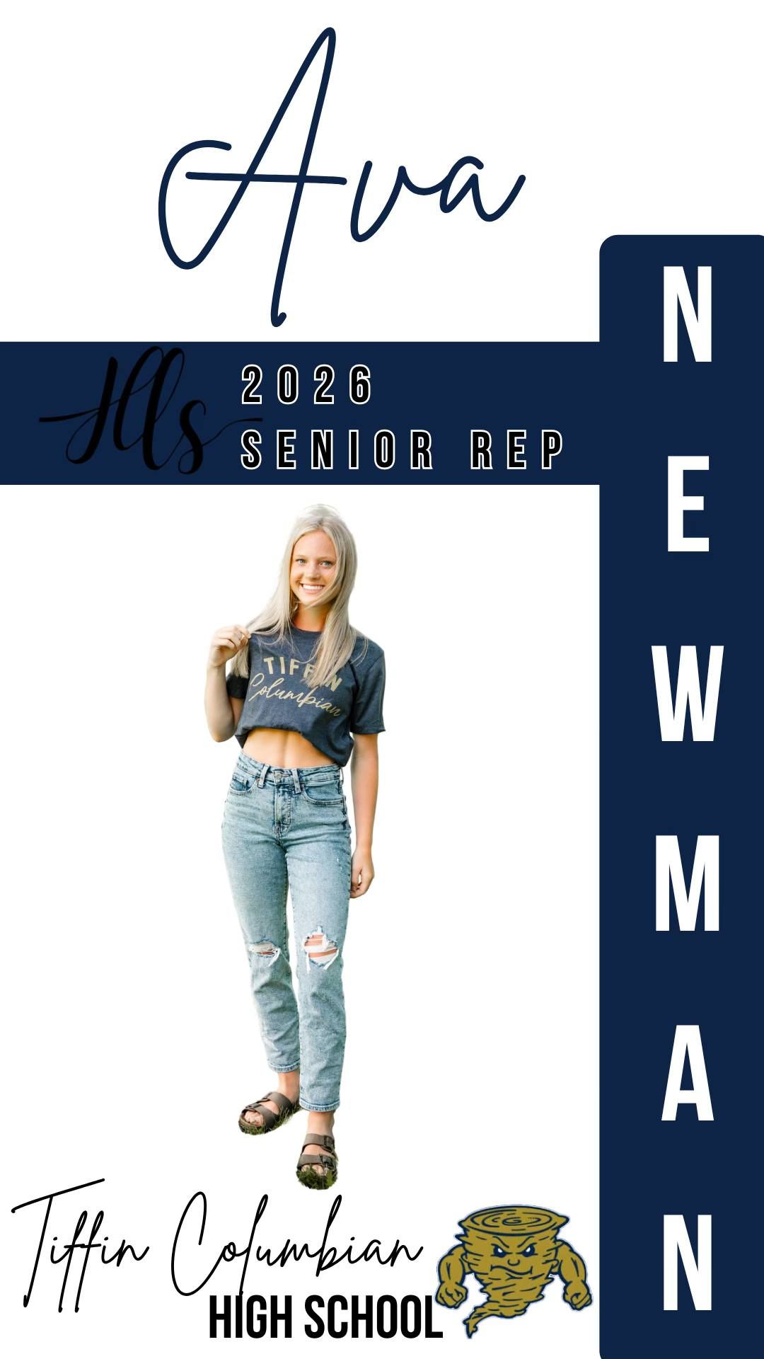 Navy themed senior representative template showing casual outfit and school mascot.