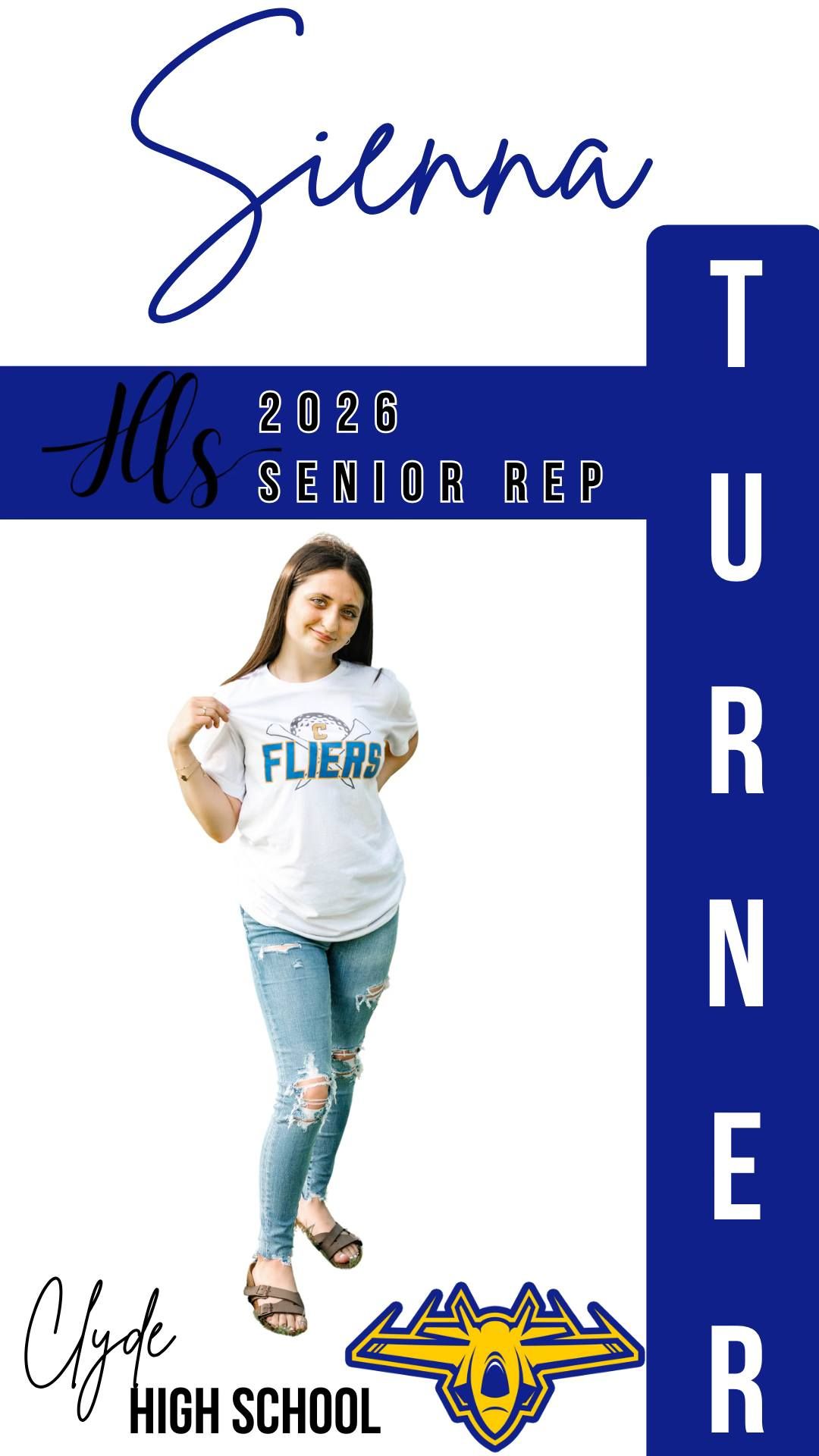 Royal blue senior rep template with school logo and casual fashion styling.