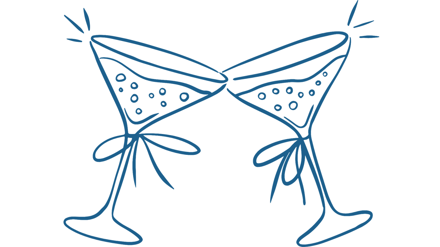 Simple line drawing of two clinking champagne glasses with bubbles and decorative details.