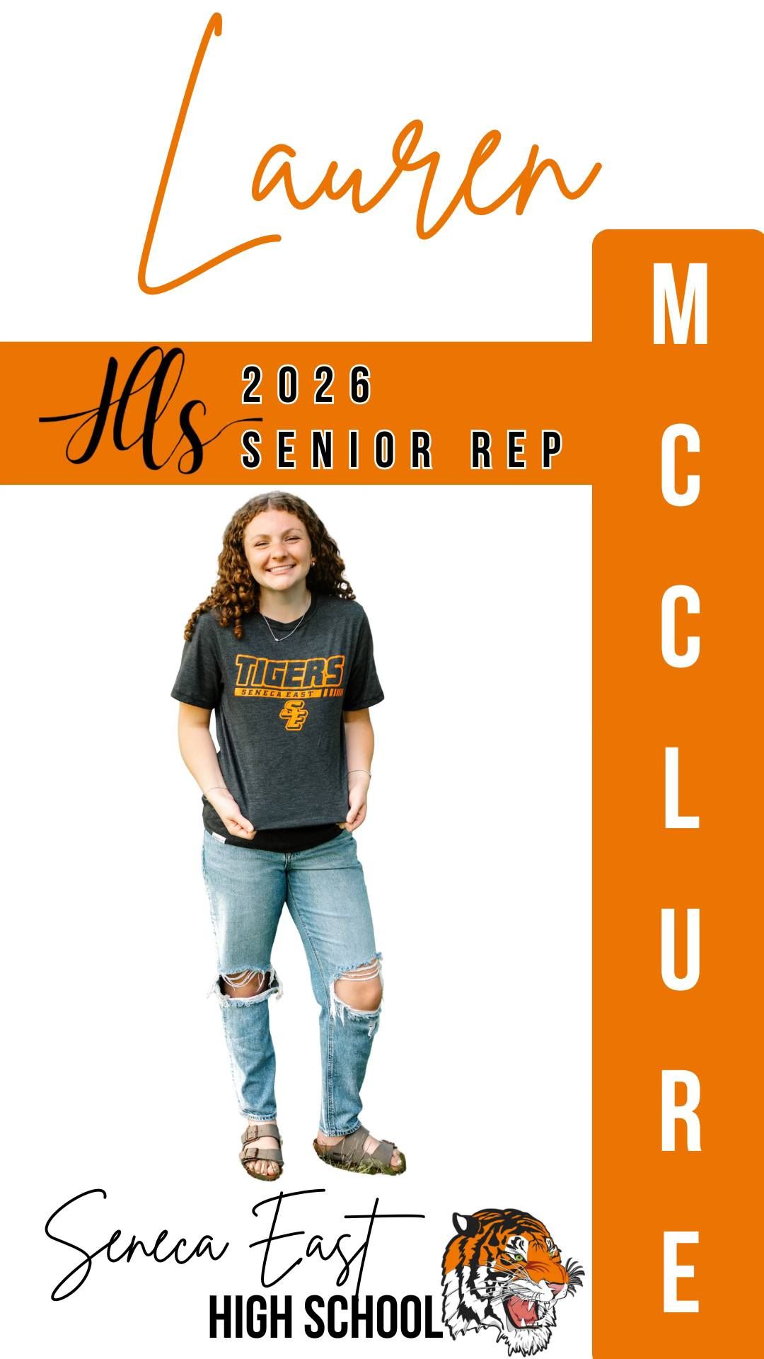 Orange themed senior representative promotional banner with school spirit wear and mascot.