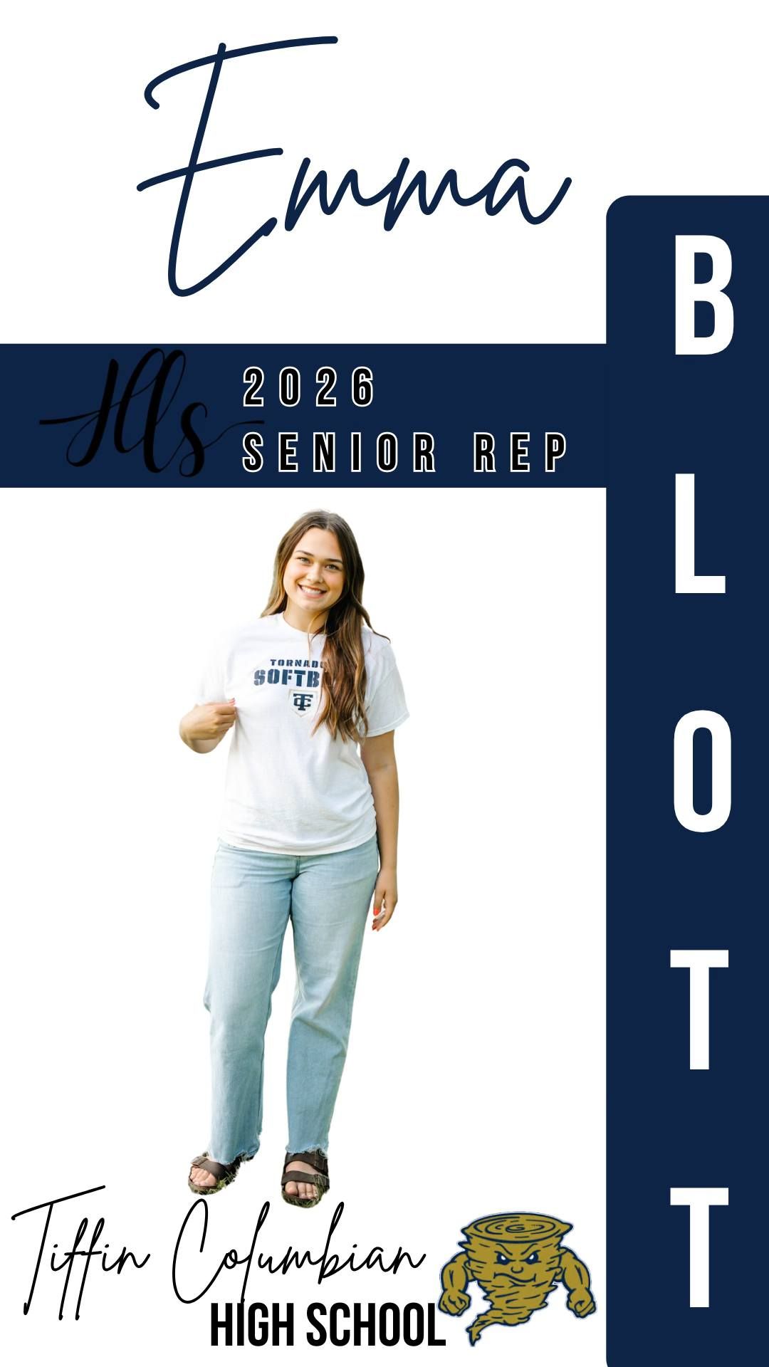 A young woman in a white t-shirt and jeans stands smiling in front of a blue and white background with text.