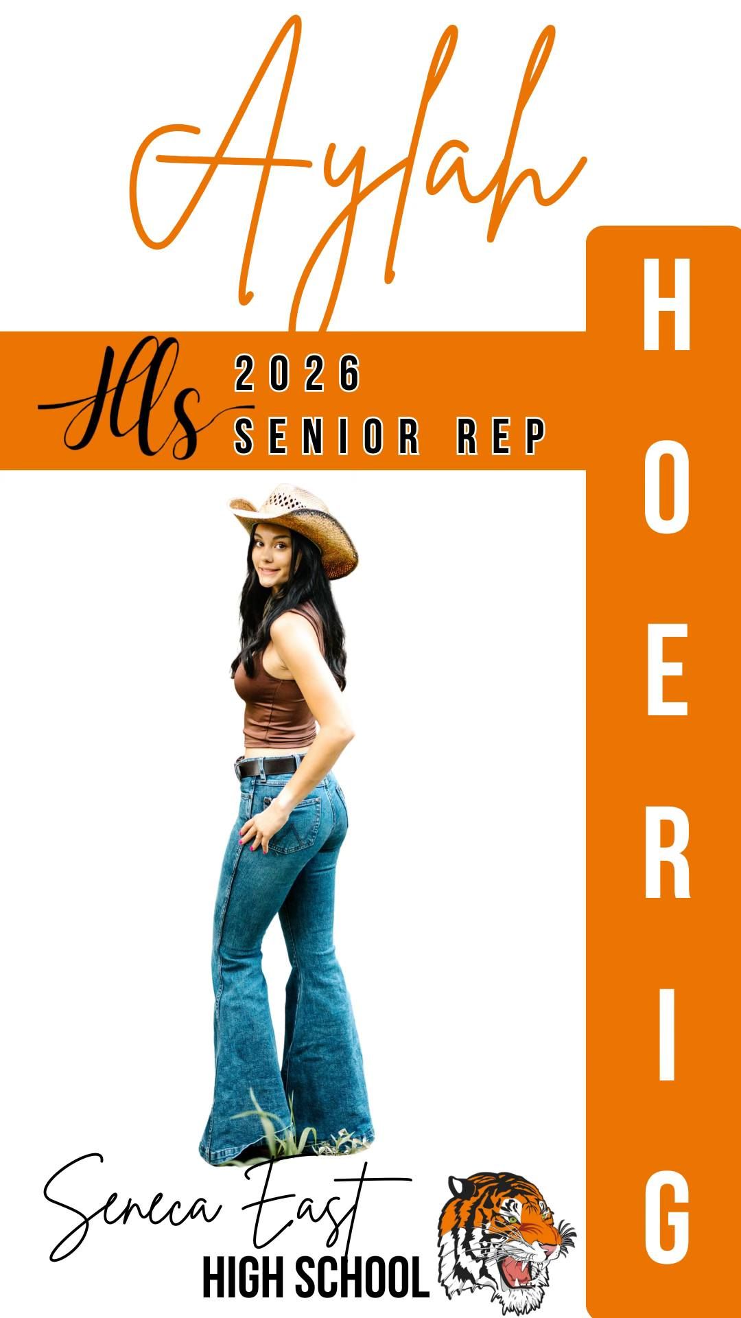 Senior representative photo featuring casual style with blue jeans against orange and white background.