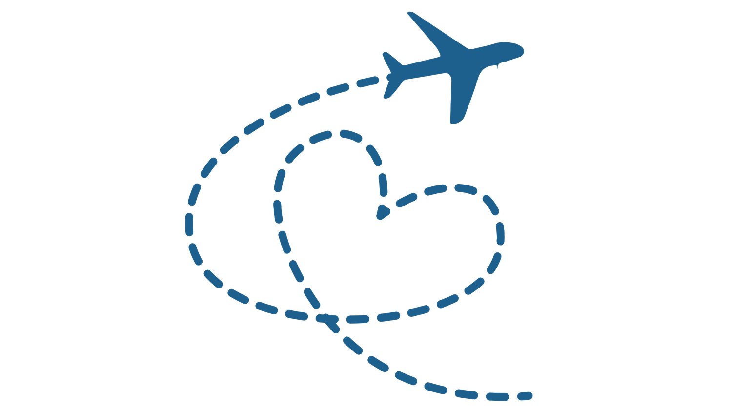 Blue airplane silhouettes creating dotted path lines on white background.