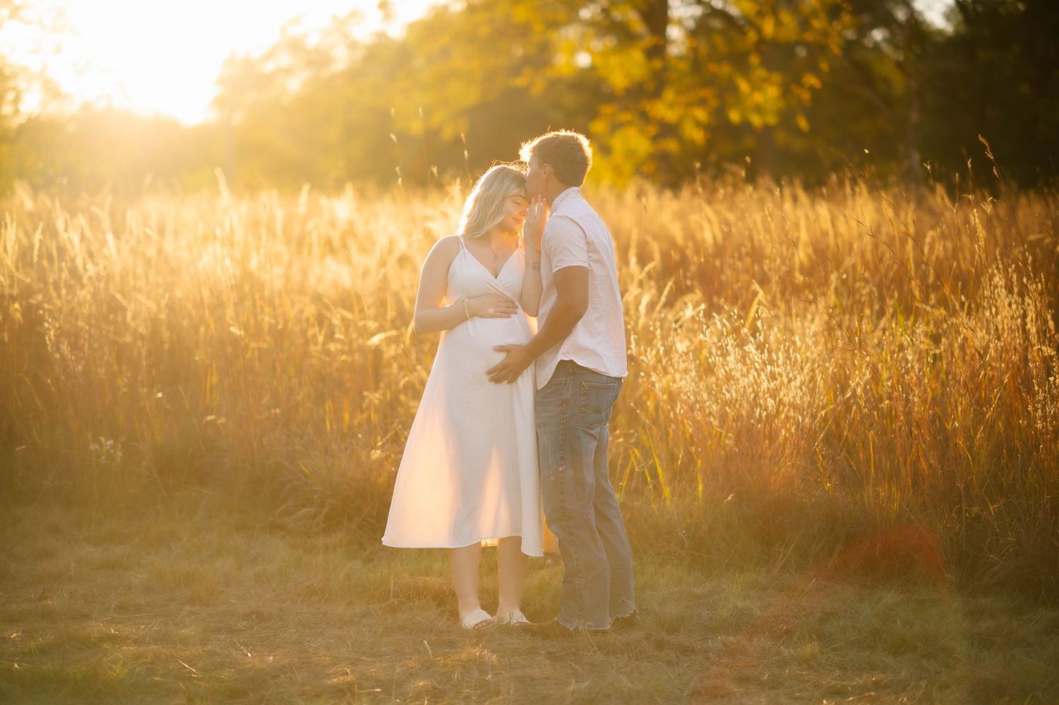 Golden sunset field with silhouettes in warm evening light.