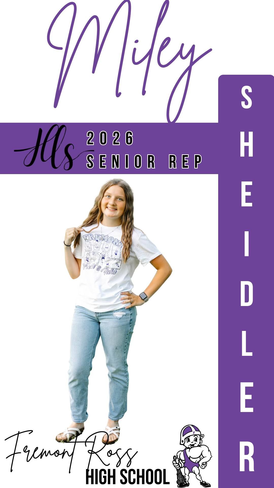 Student representative in light wash denim and white top against purple themed background.