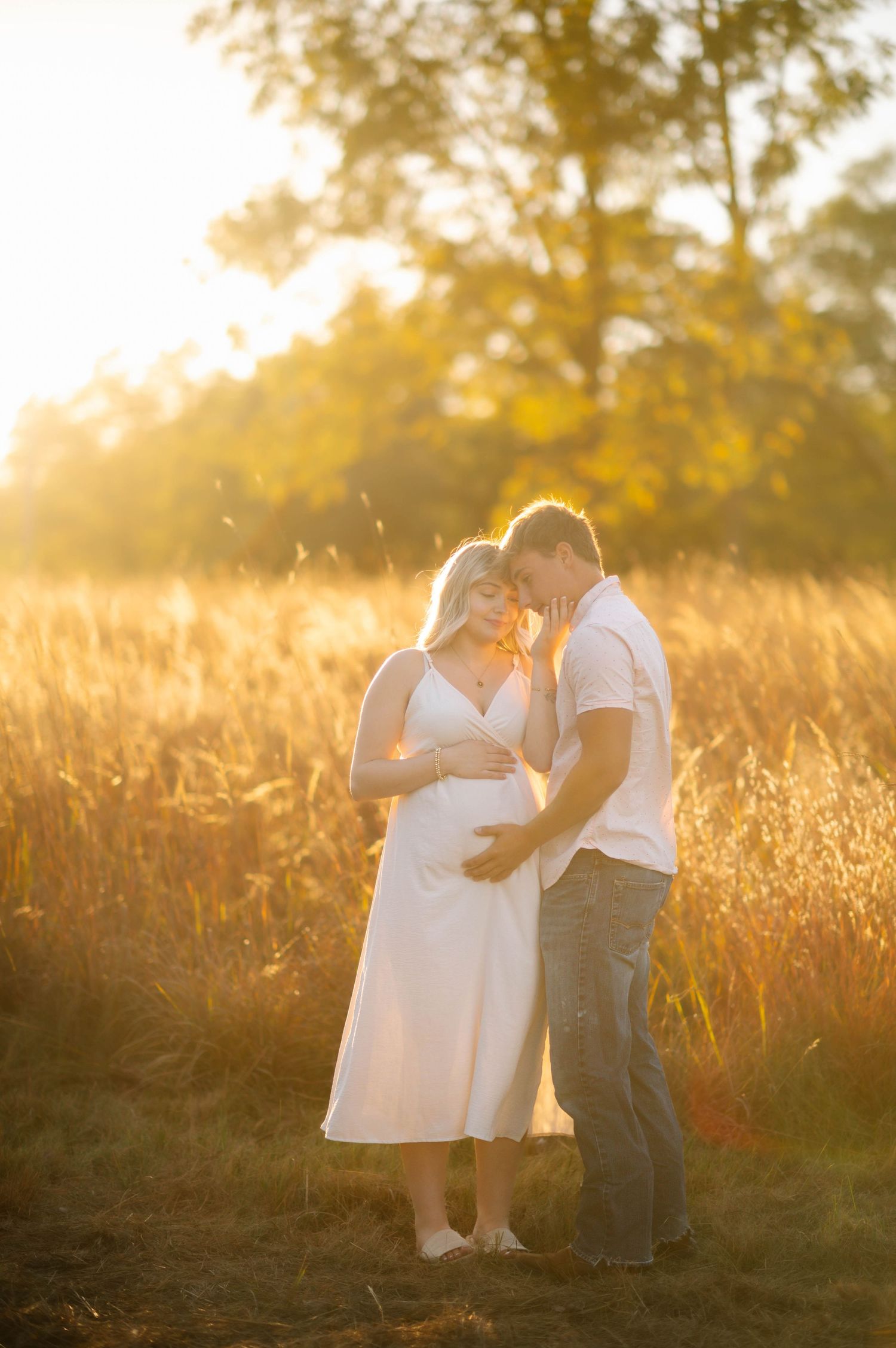 Romantic sunset maternity photos in a field with golden backlighting.