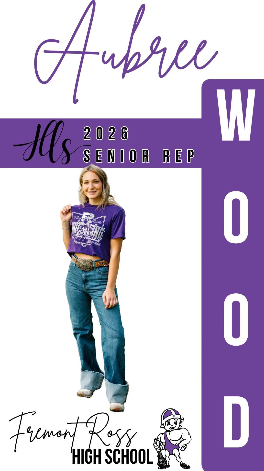 Purple-accented senior rep template showing casual attire and school branding.