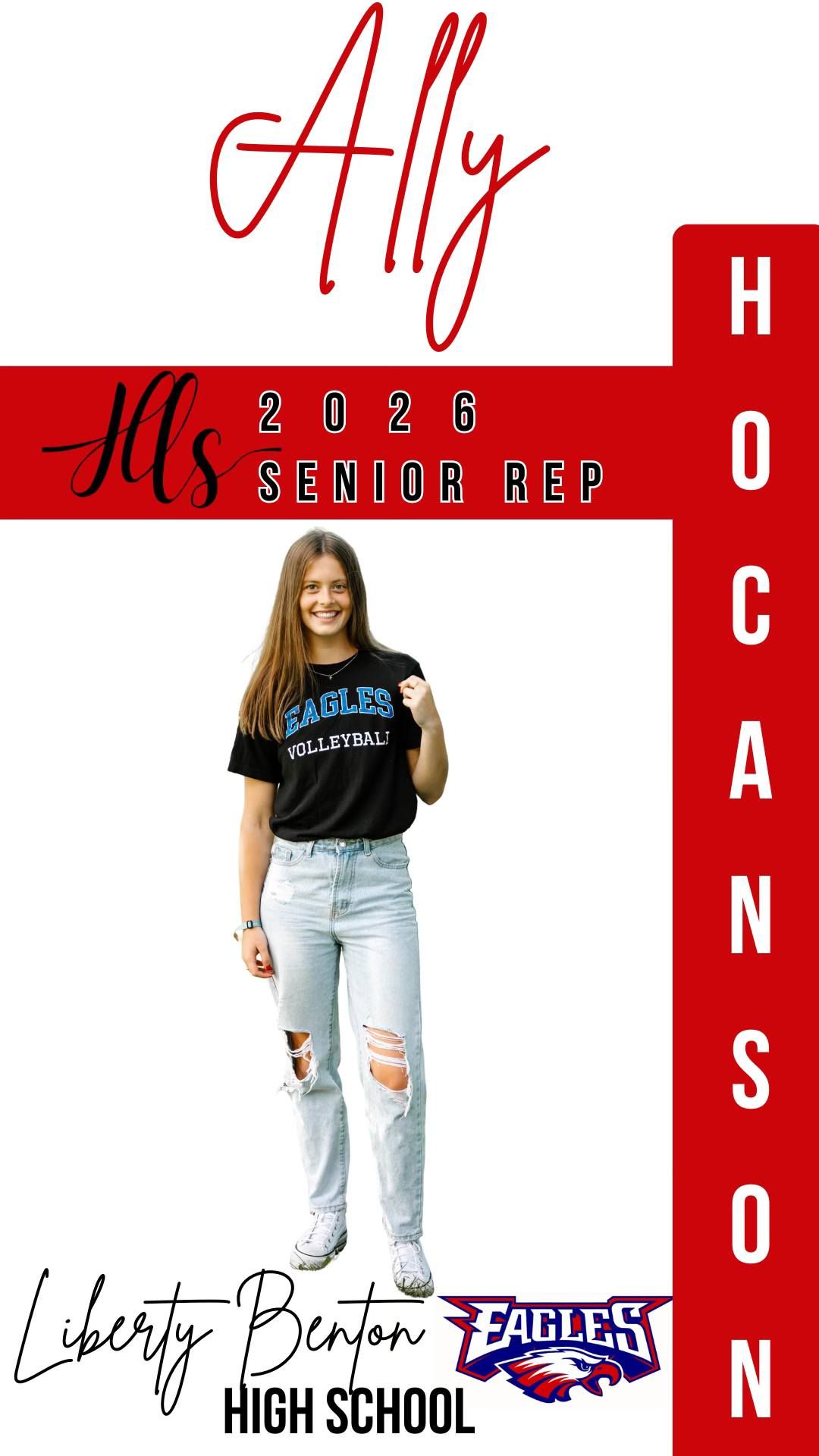 Red and white senior representative template featuring casual attire and Eagles school branding.