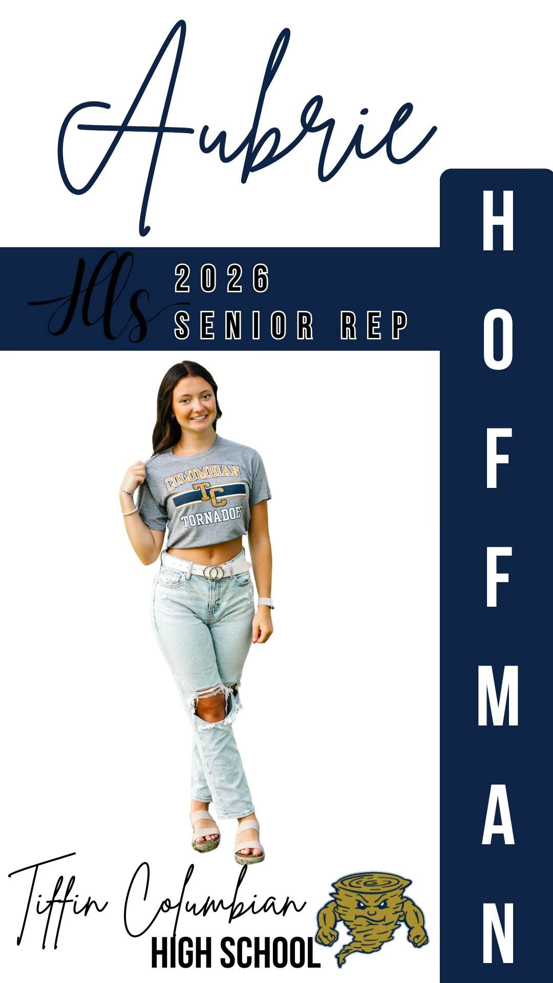 Student representative posing in distressed denim and casual t-shirt against dark blue background.