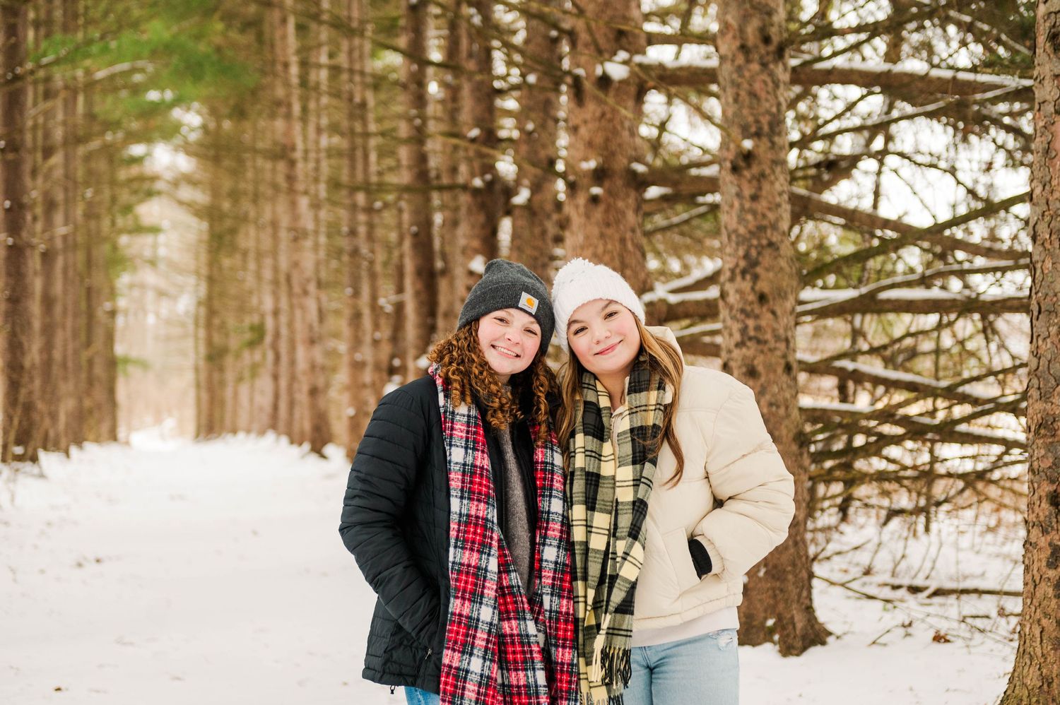 Group posing playfully between tall pine trees in the snow.