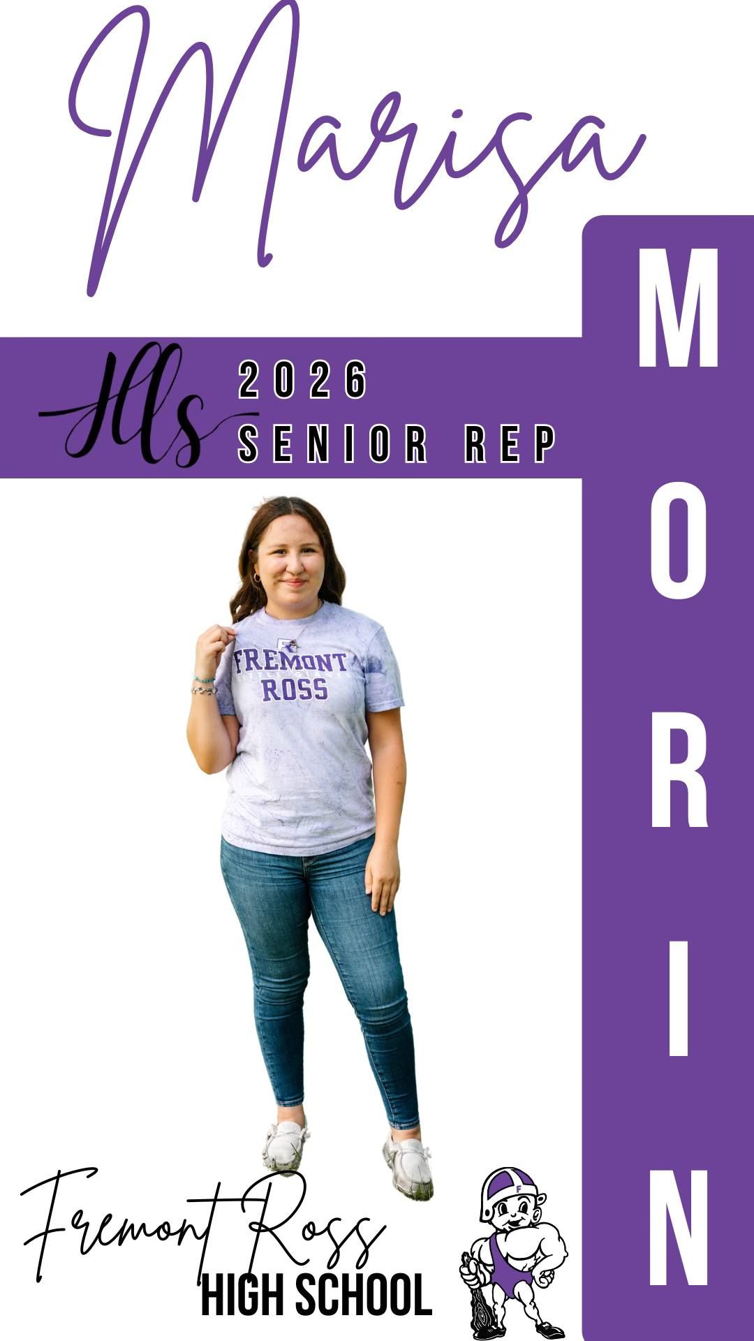 Senior representative portrait template with purple accents showing casual outfit with jeans and t-shirt.