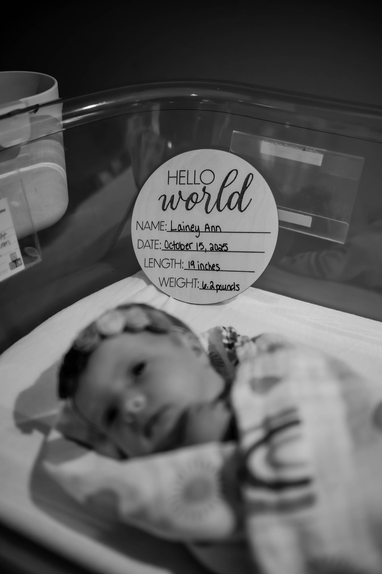Hospital bassinet with 'Hello World' identification card and newborn baby.