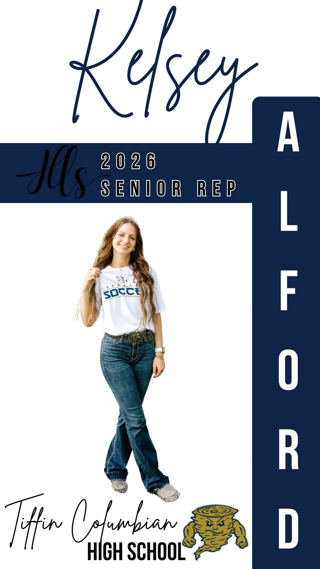Senior rep photo showing casual athletic style with denim against dark background.
