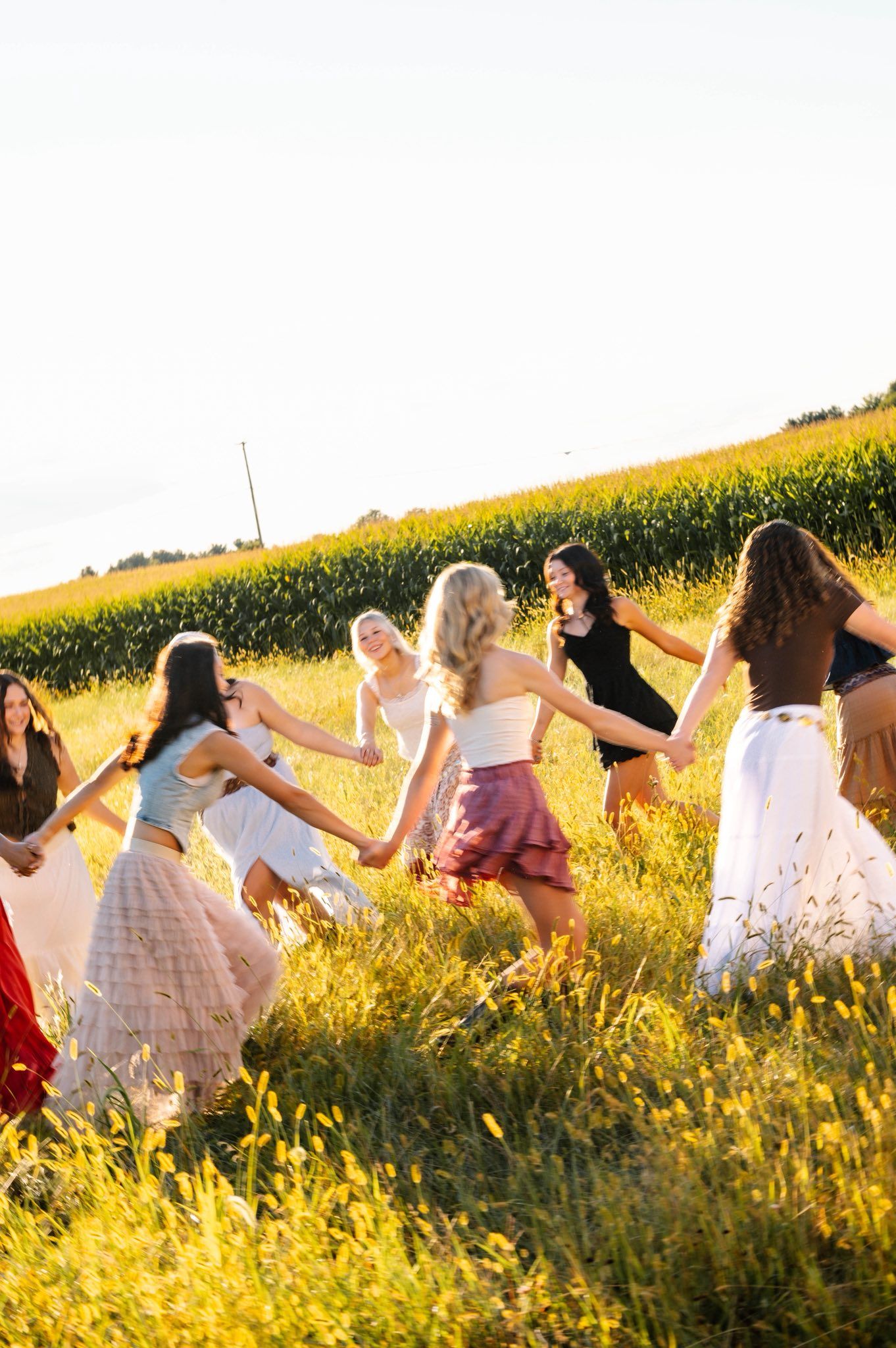 A group of friends hold hands in a line across a sunlit field of yellow flowers.