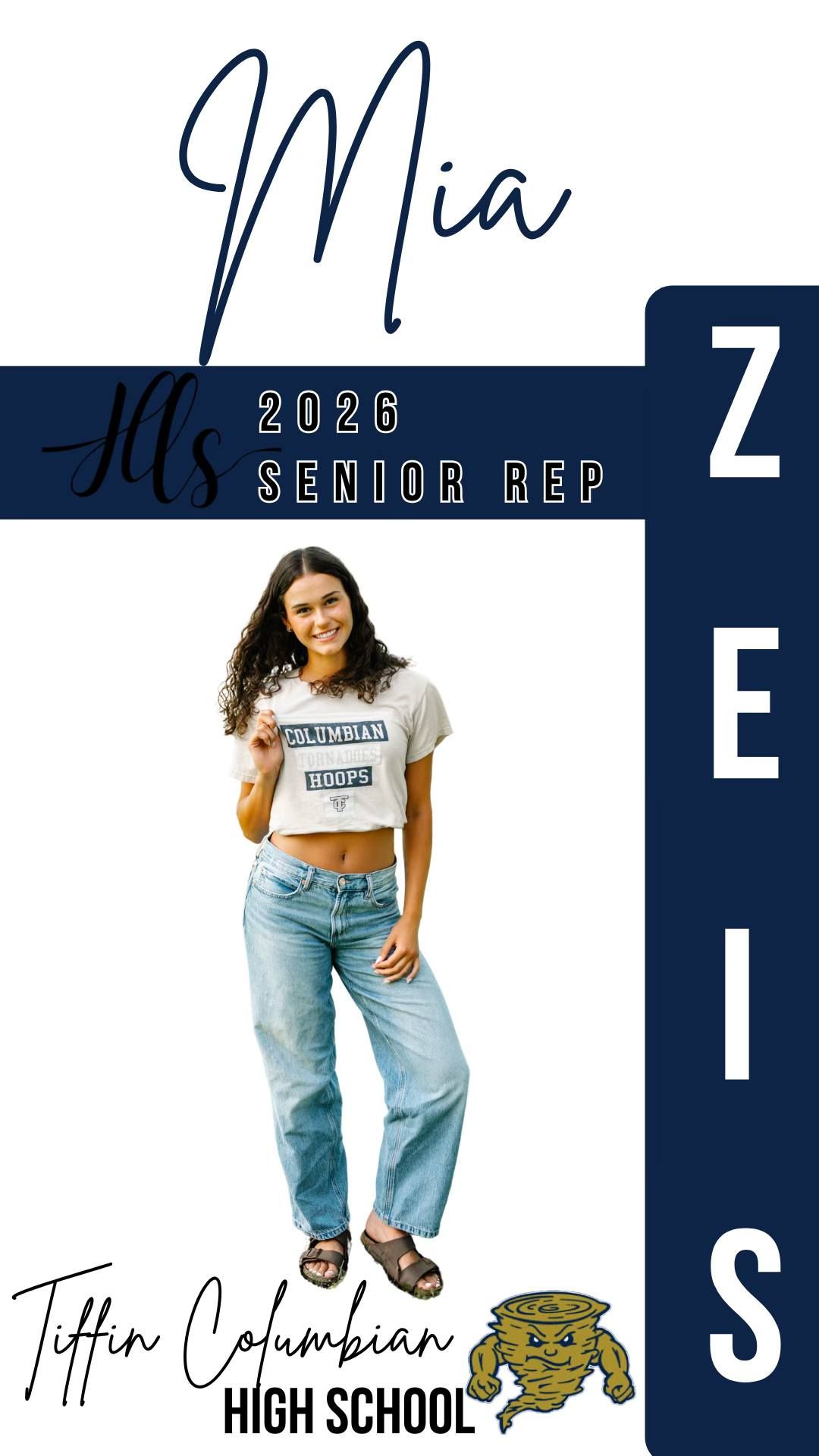 Navy blue senior representative template with school mascot and casual fashion styling.