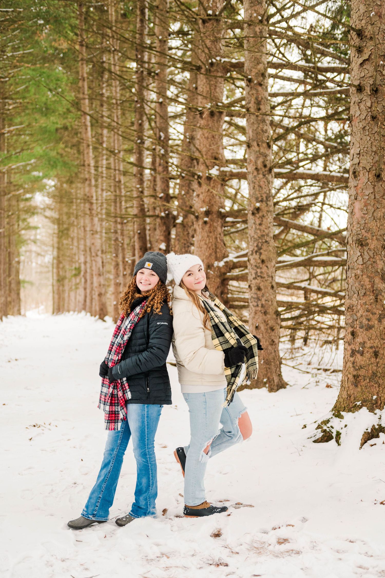 Friends enjoying a winter day together in a snow-covered pine forest.