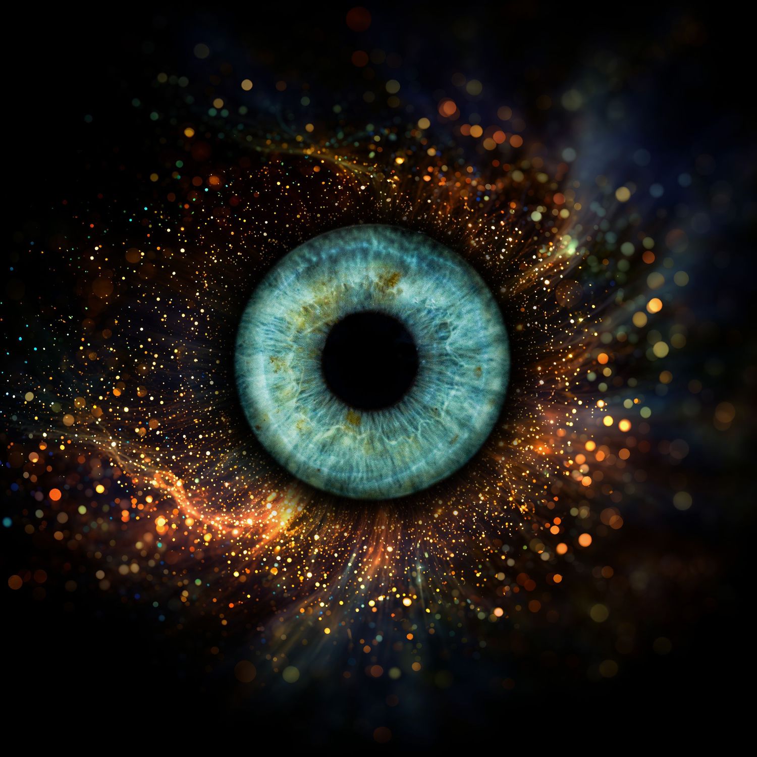 Detailed turquoise eye close-up with visible iris fibers