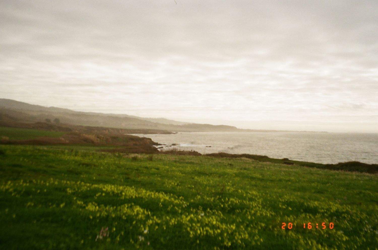 Panoramic sequence of coastal cliffs and rolling green hills overlooking a misty ocean landscape at sunset.