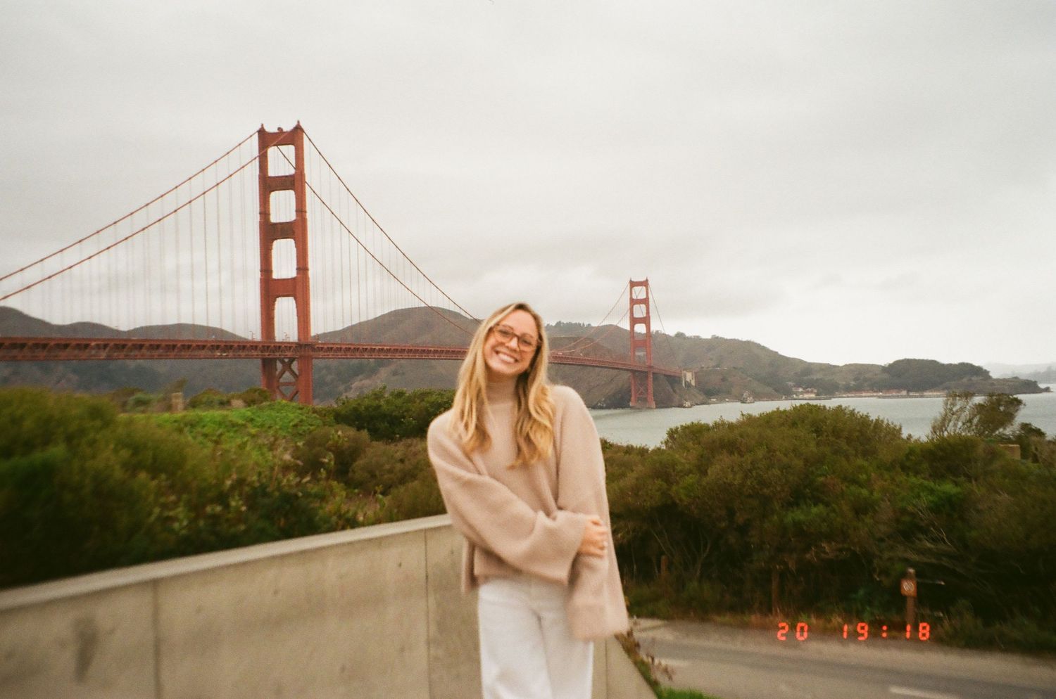 Scenic views of the Golden Gate Bridge in San Francisco from multiple angles and viewpoints on a foggy day.