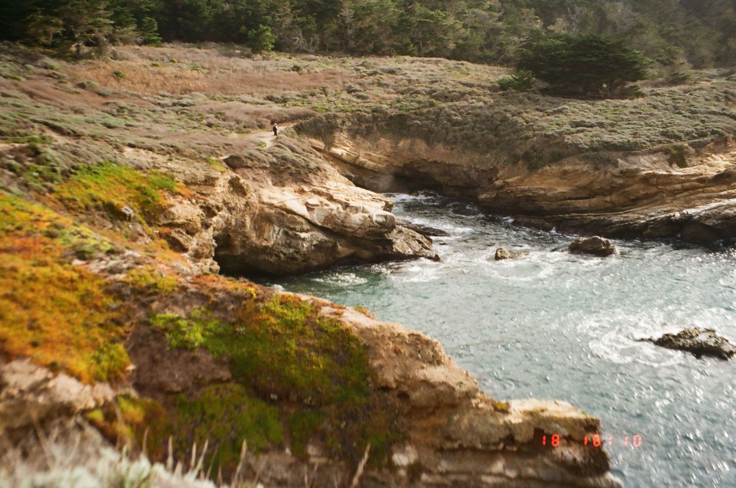 Scenic coastal views of rocky cliffs and turquoise waters along the rugged Oregon coastline during sunset.