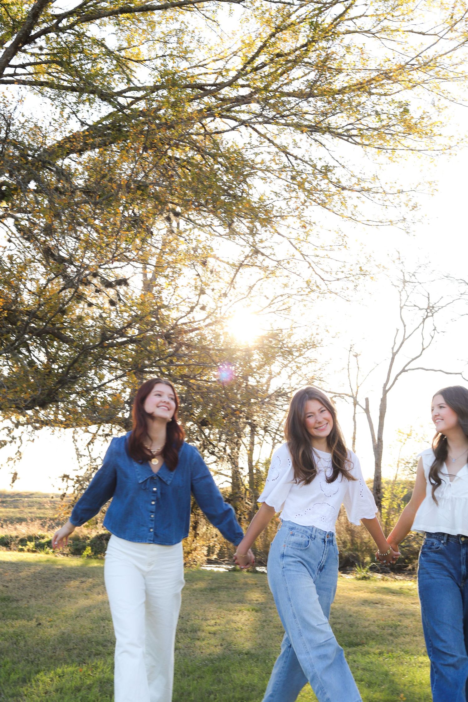 Group enjoying a sunny afternoon under blooming trees in a park setting.