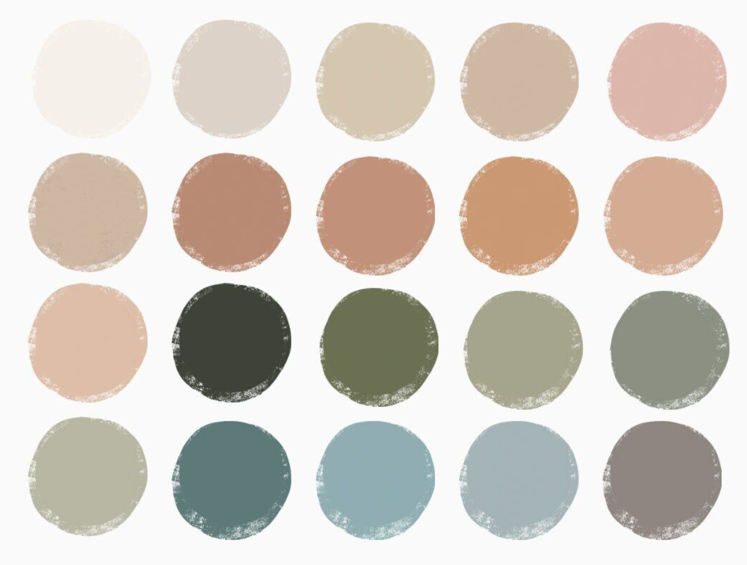 A row of muted color swatches in earthy tones including beige, brown, sage green, and dusty blue arranged horizontally.