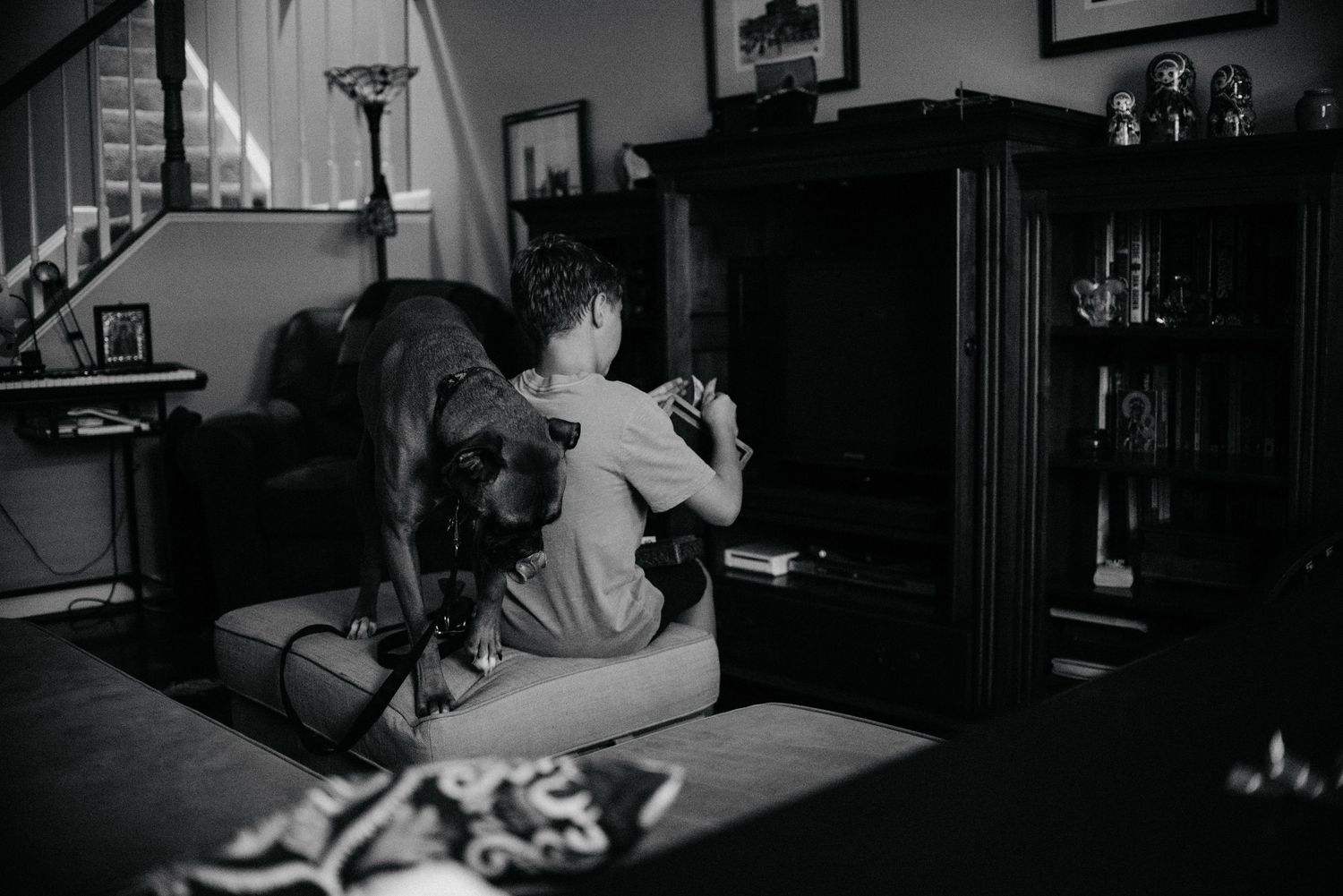 A moody  black and white photo sequence shows a boy and dog interacting in a dimly lit room.