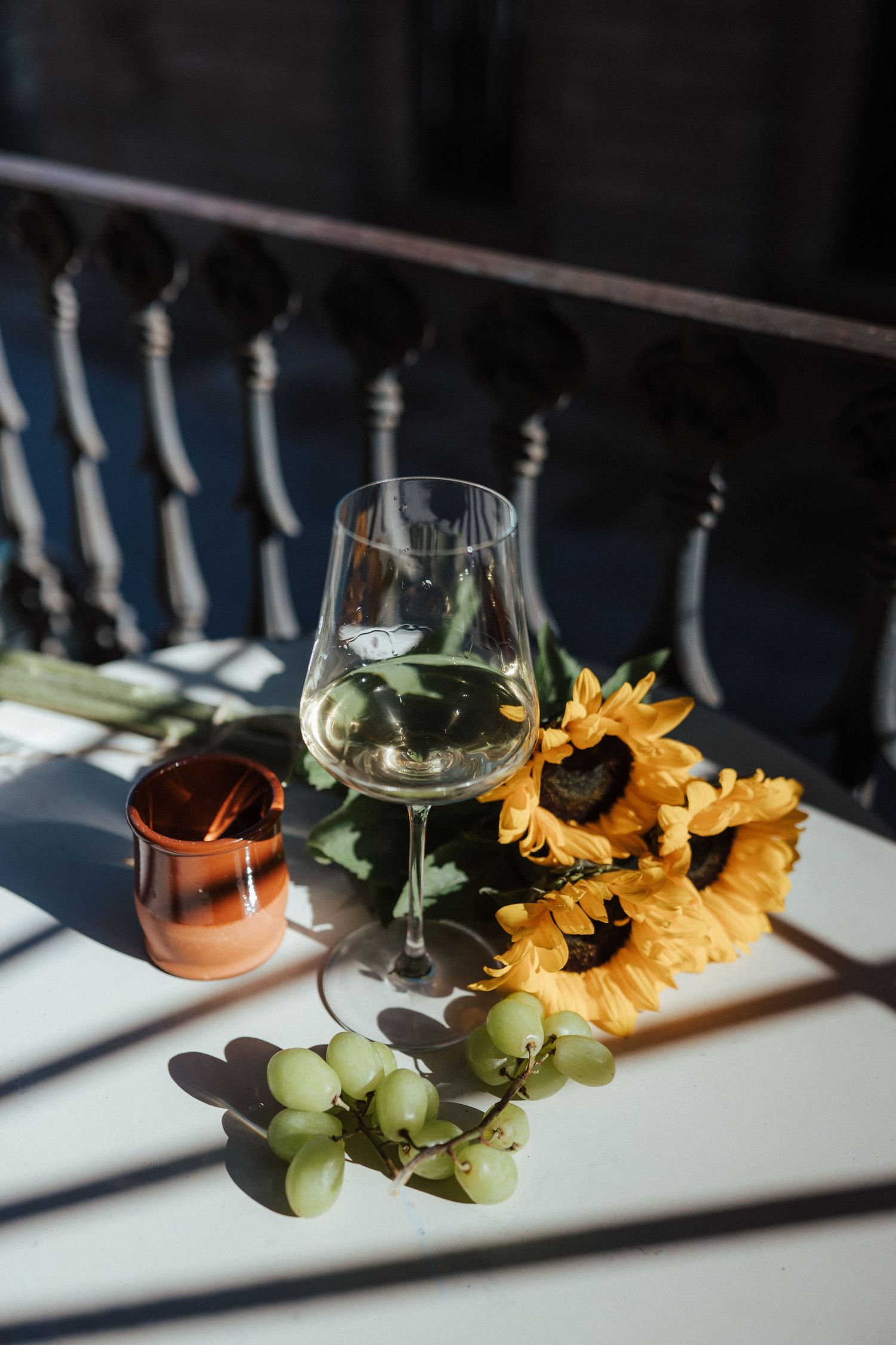 A series of still life photos with wine glasses, sunflowers, and green apples casting dramatic shadows on a white surface.