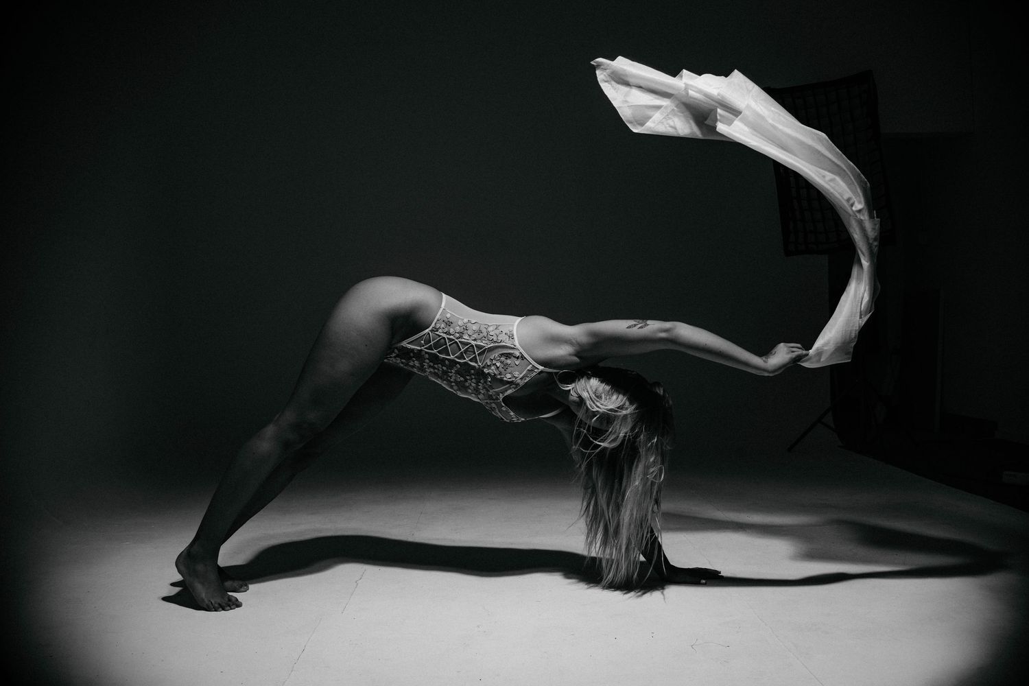 Black and white photo of a flexible dancer in a dramatic backbend pose, wearing a patterned leotard, with fabric flowing overhead.