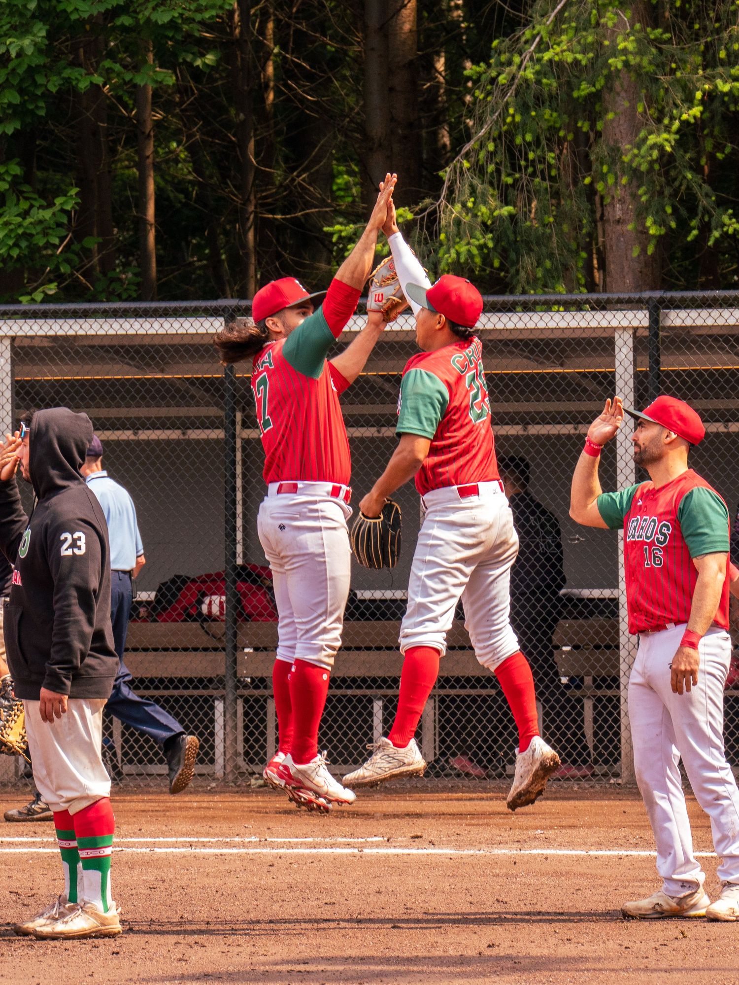 Baseball players in red and white uniforms high-five each other in celebration on a dirt field during a game.