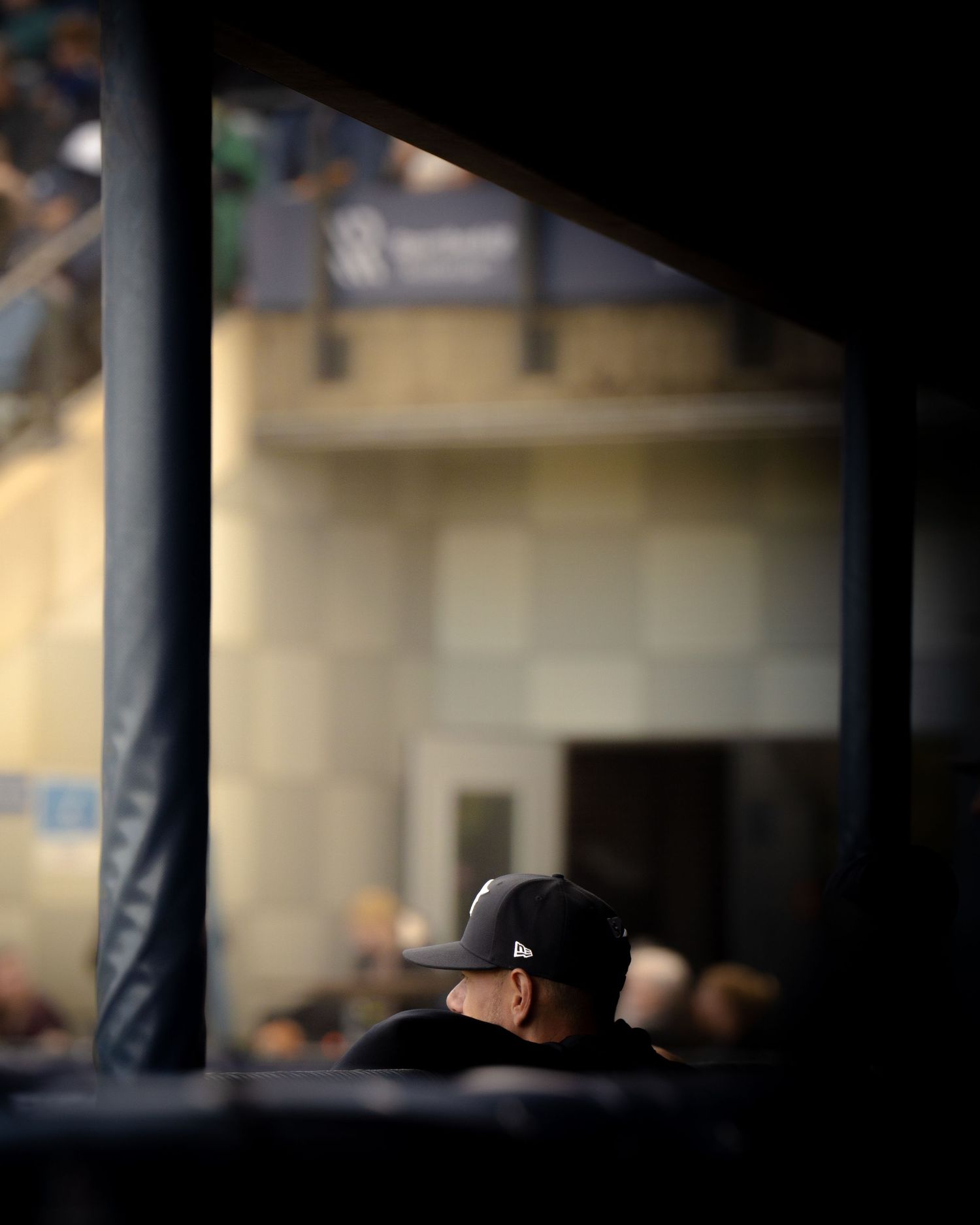 A dark silhouette of a person wearing a baseball cap seen through window bars or columns.
