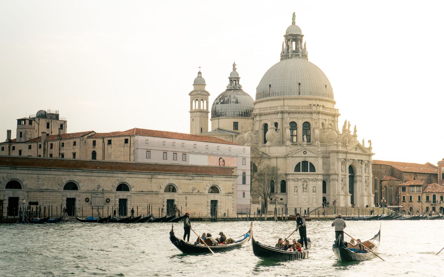 Gondolas glide past the iconic Santa Maria della Salute basilica on the Grand Canal in Venice, Italy.