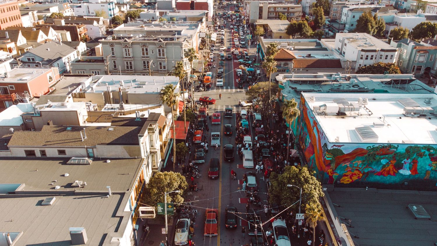 Selena Tribute (Low Rider Meet Up) at the Mission in San Francisco - Drone View