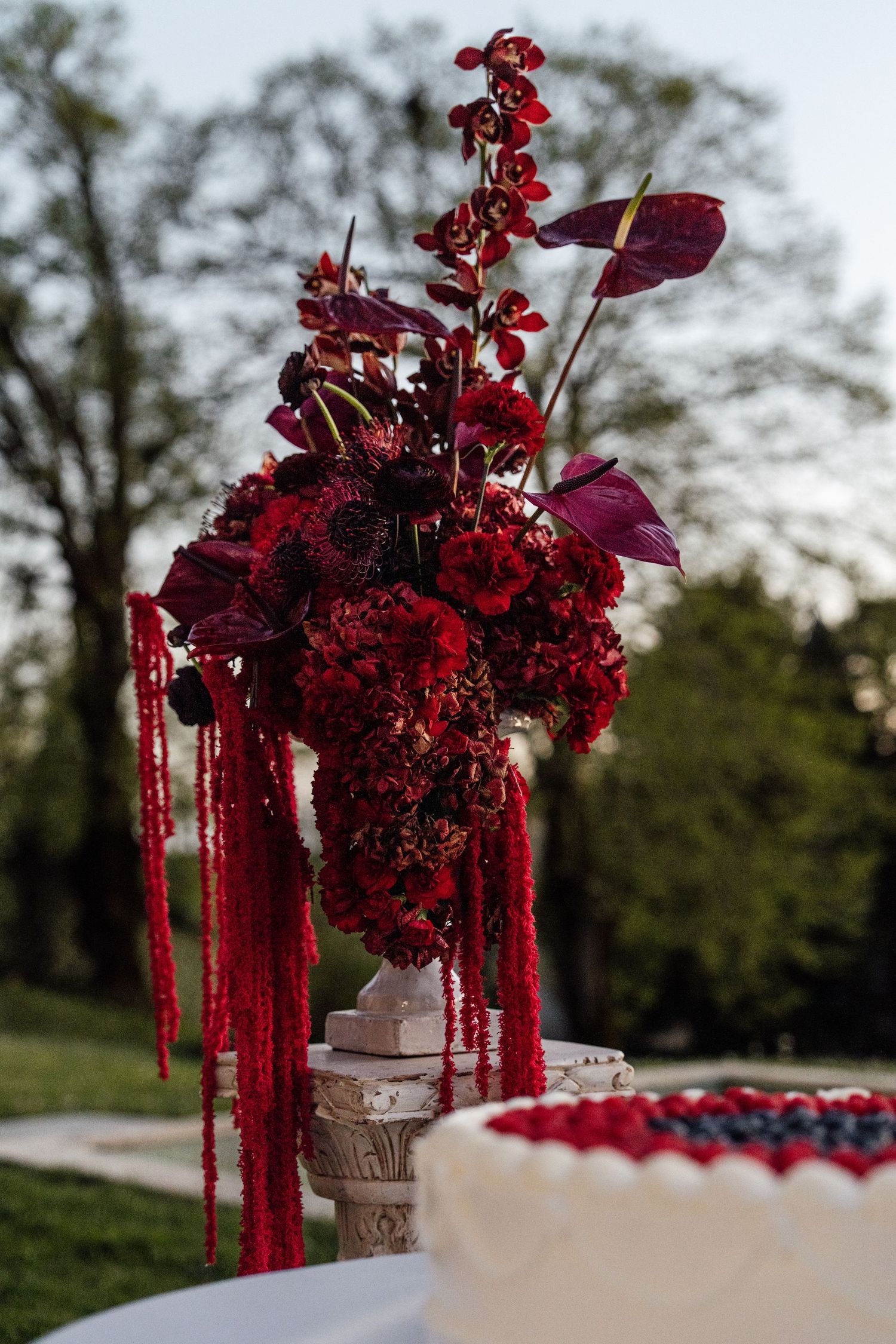 Stunning wedding cake display with dramatic deep red floral arrangement featuring cascading amaranthus outdoors.