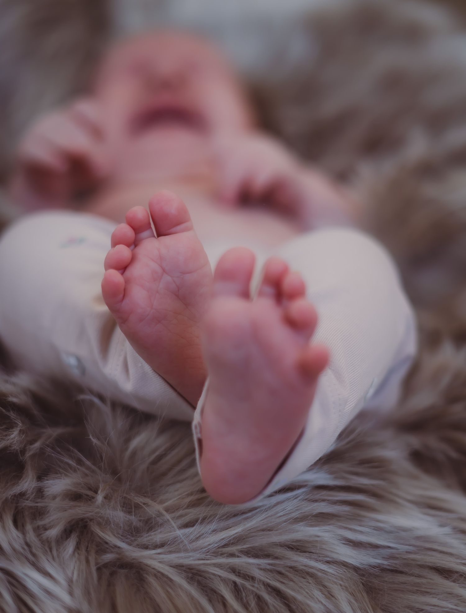 Close-up of tiny newborn baby feet resting on a soft fluffy gray fur blanket with blurred infant in background.